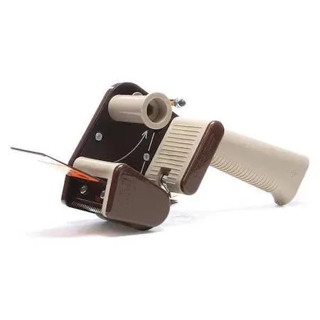 Tan plastic handheld tape dispenser with pistol grip and carbon steel blade