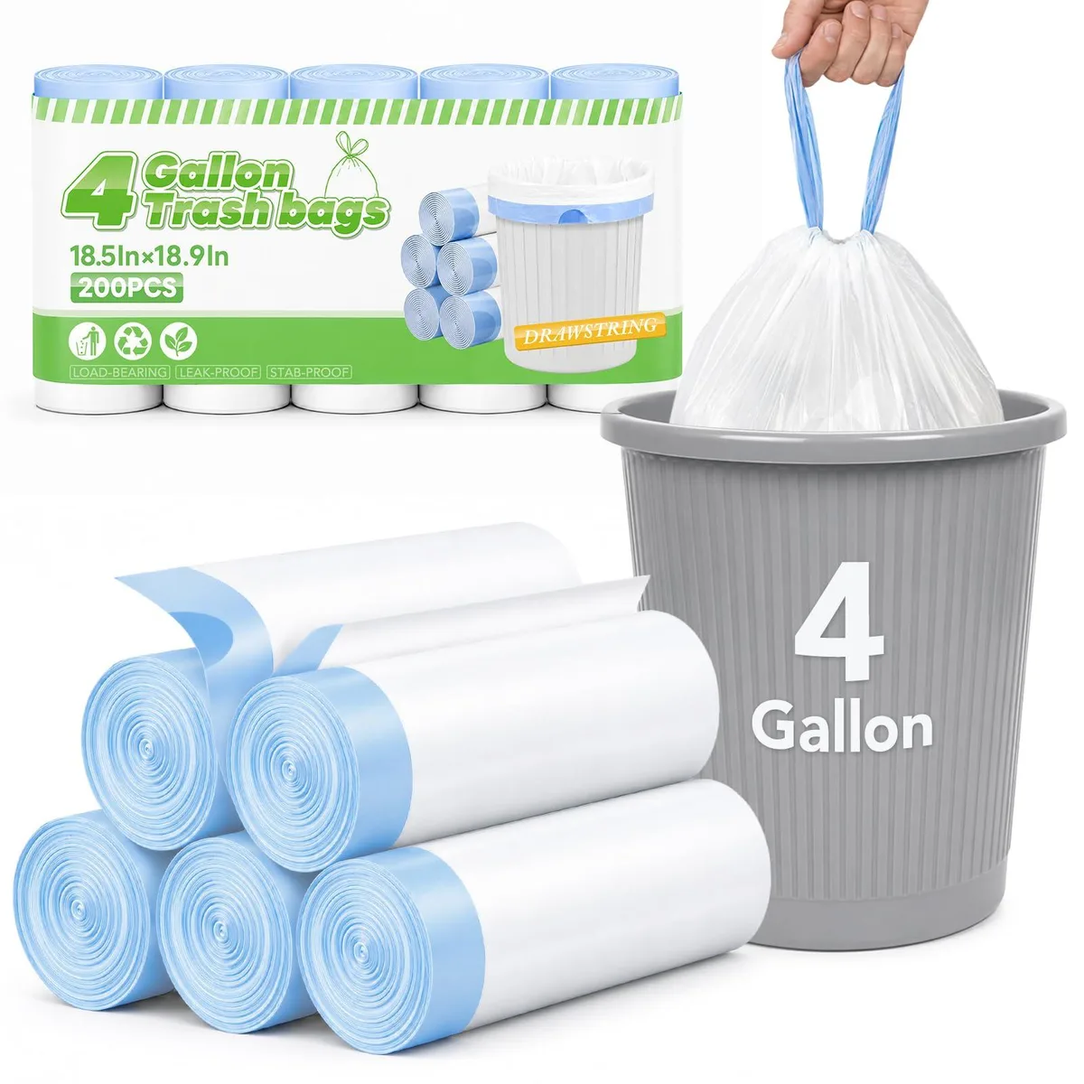 Box of 200 white 4-gallon drawstring trash bags