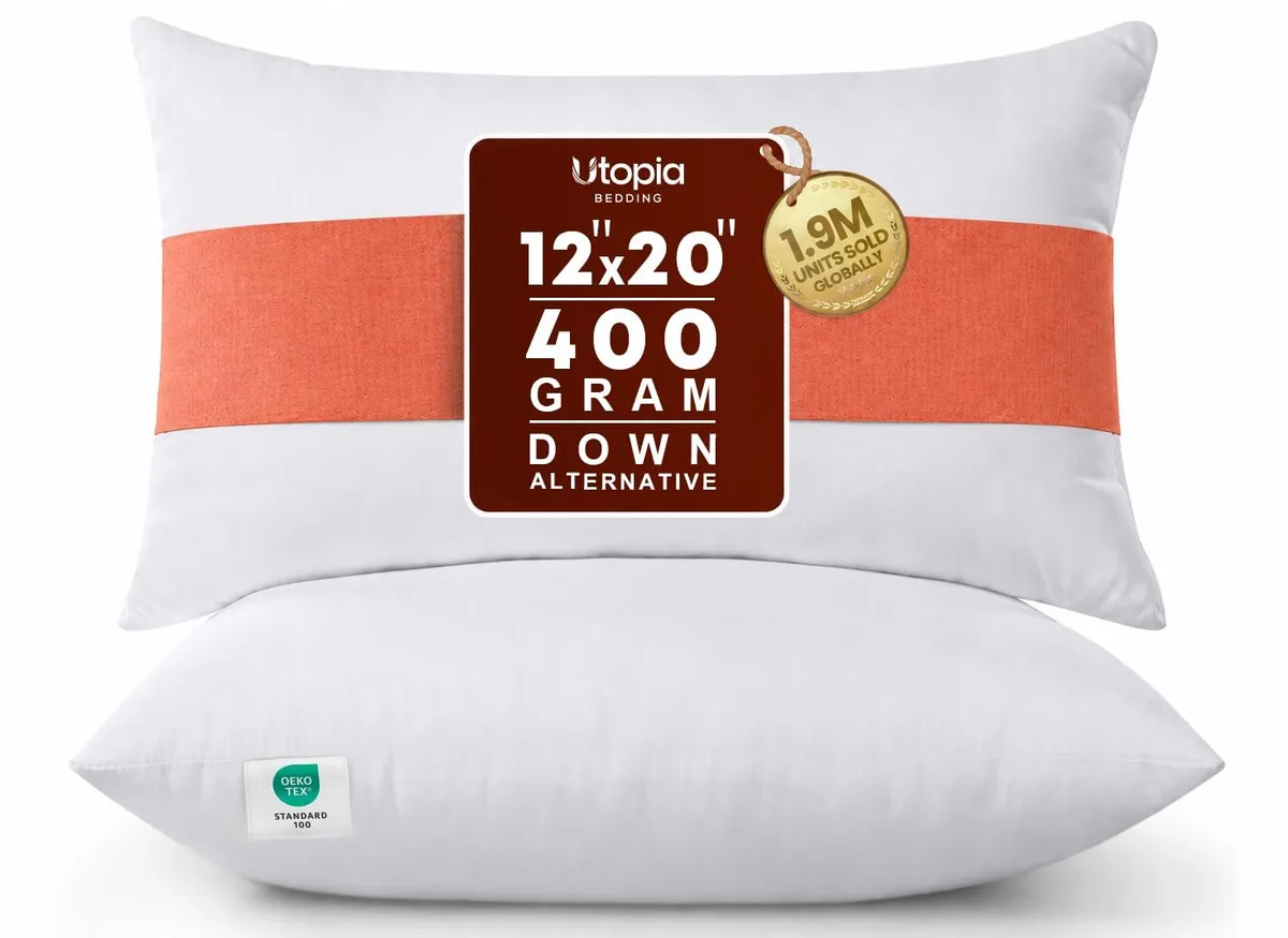Two white rectangular pillow inserts on a plain background