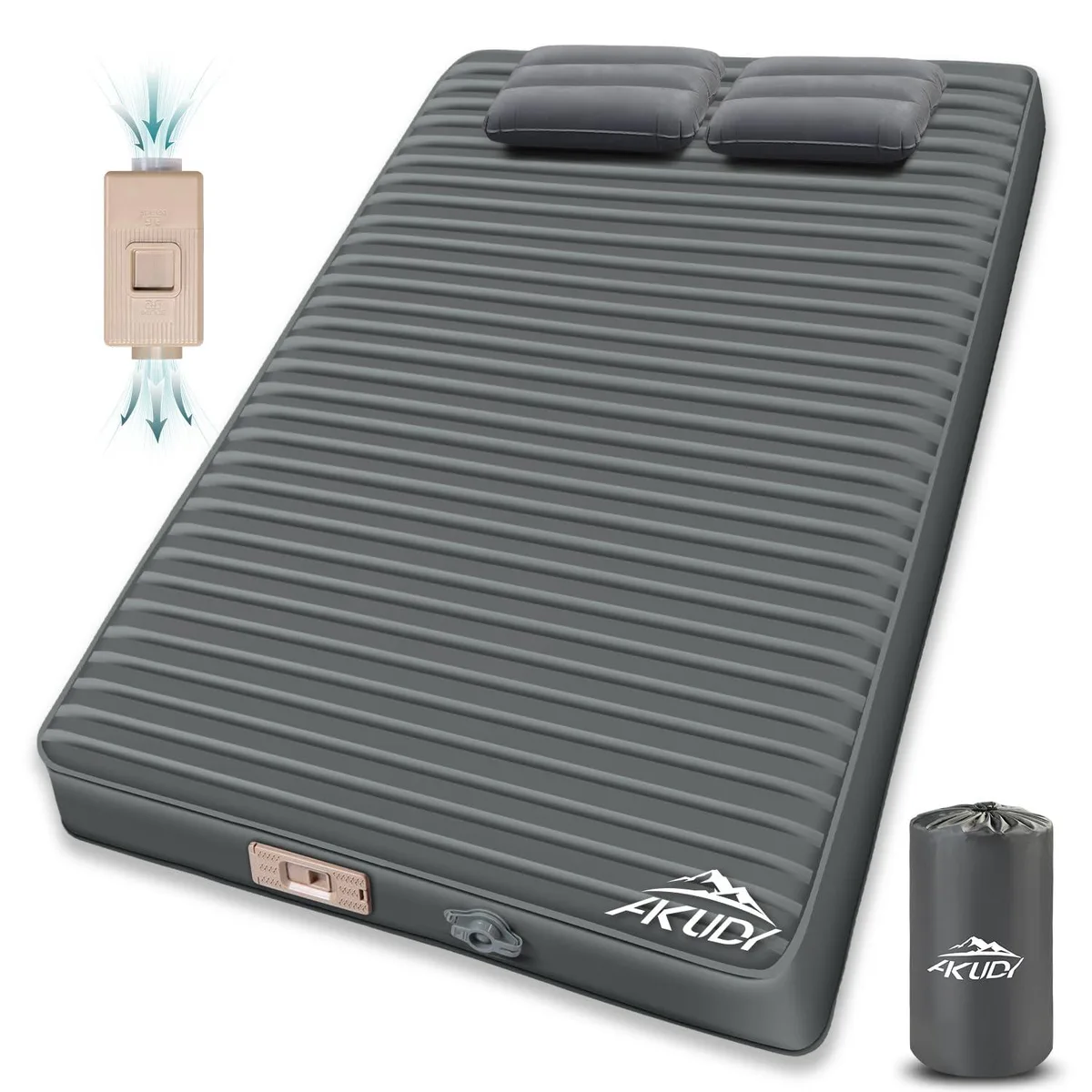 Grey double sleeping pad, 76.8 by 52 inches, 3.15 inches thick, built-in electric pump, memory foam, carry bag included
