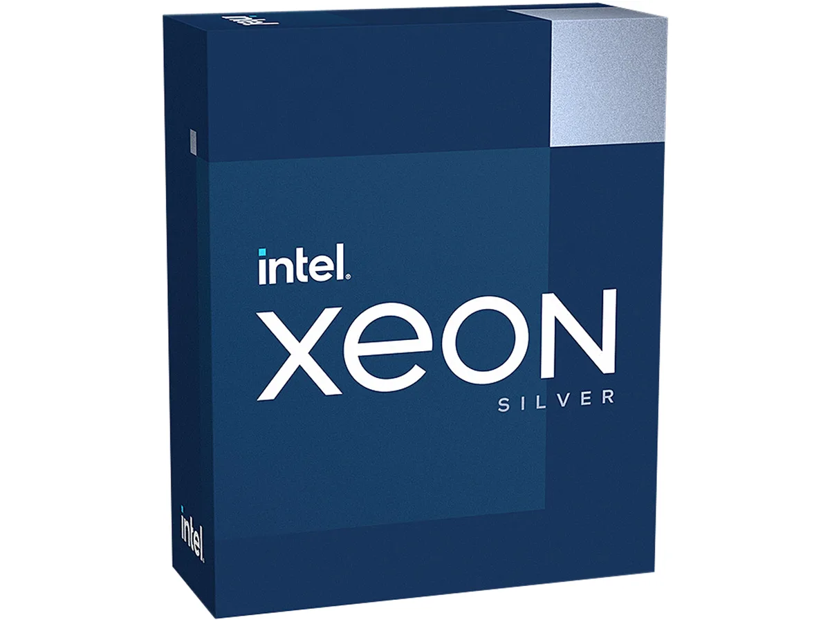 Silver rectangular server CPU with gold contact pads and green substrate, boxed processor only