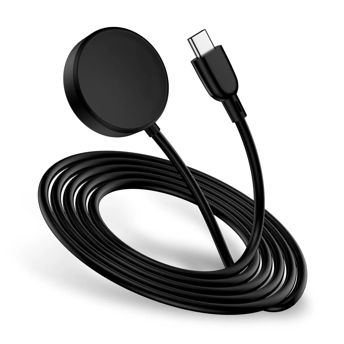 Small white magnetic charging puck with built-in three-foot USB-C cable