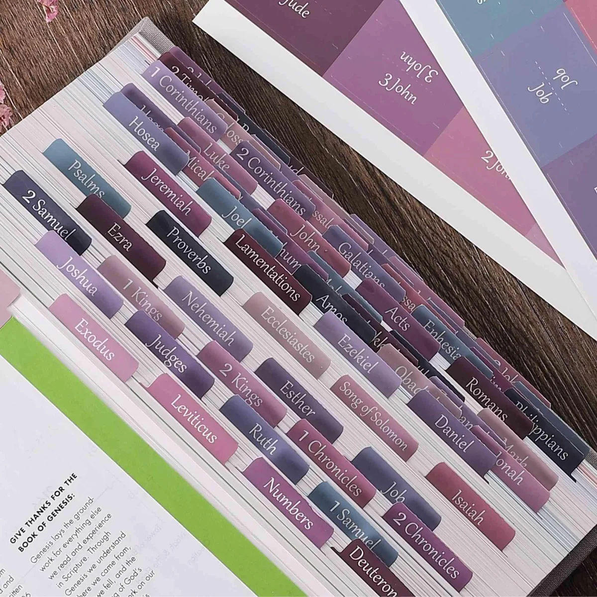 Set of 80 laminated Bible index tabs in purple and pink print with alignment guide