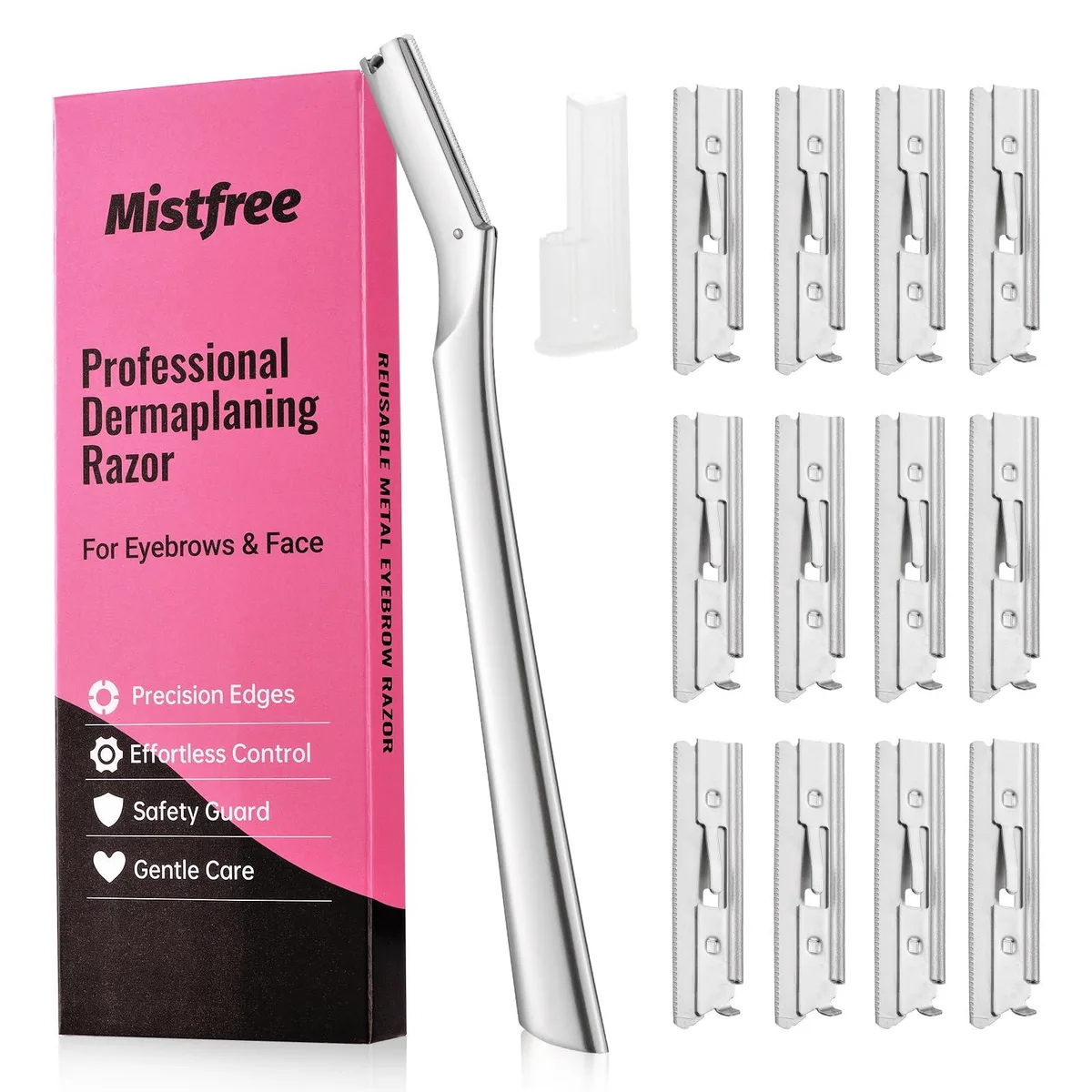 Silver metal dermaplane razor with 12 refill blades
