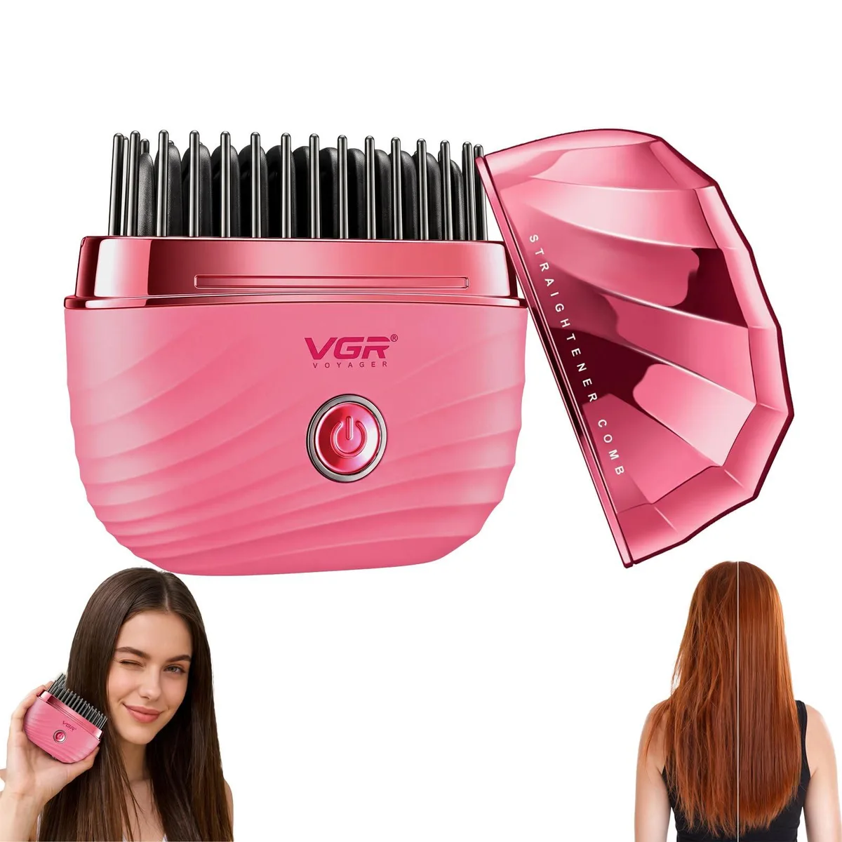 Pink mini hair straightener comb, compact cube shape, 3.34 inches each side