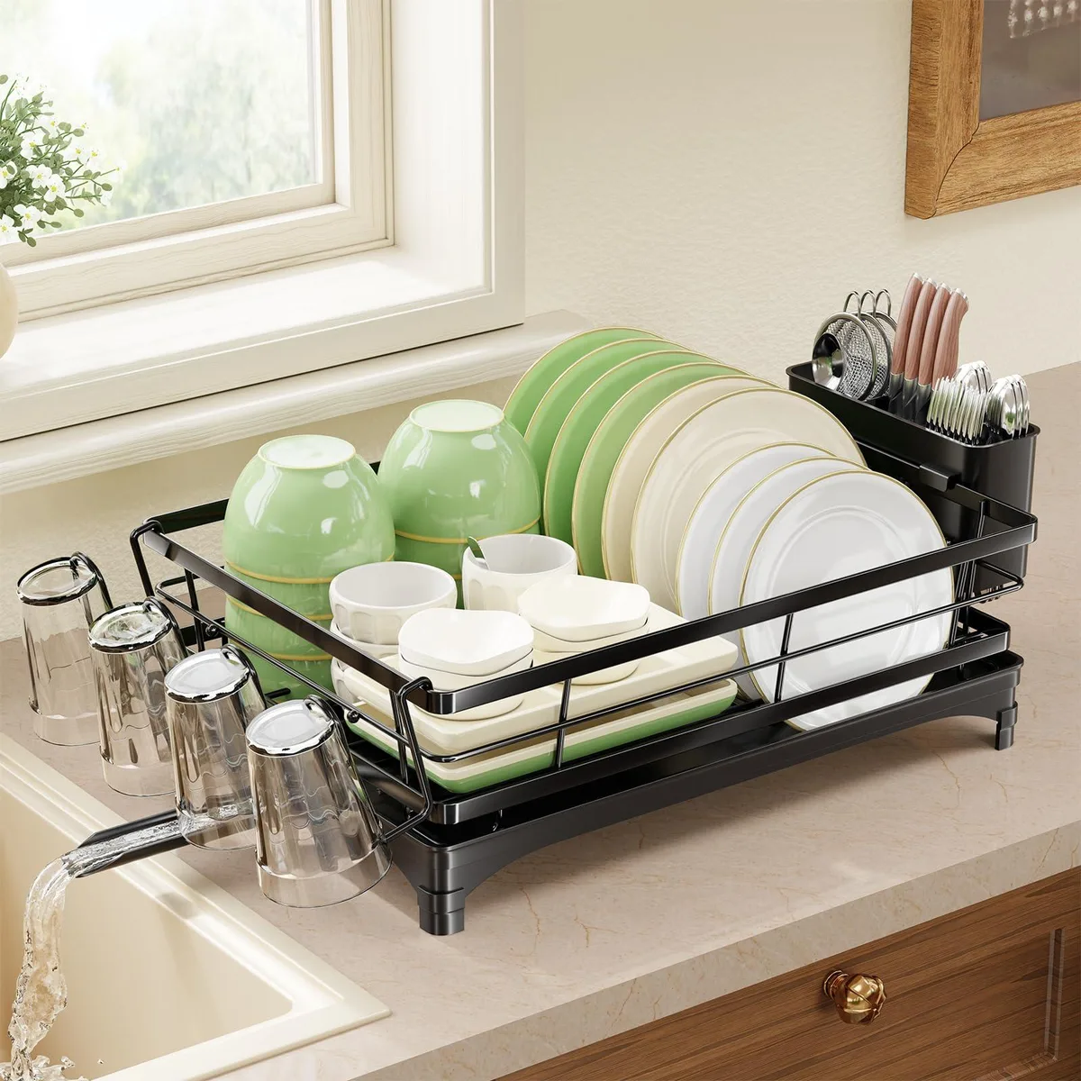 Black stainless steel dish drying rack with grid shelves, utensil holder and cup hooks