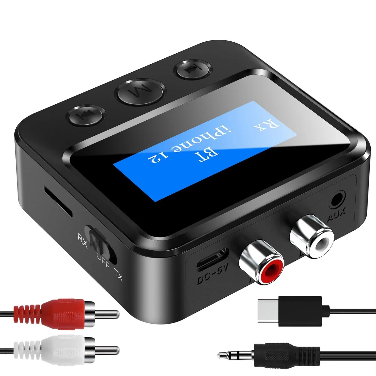 Small black rectangular adapter with LCD screen and RCA AUX ports