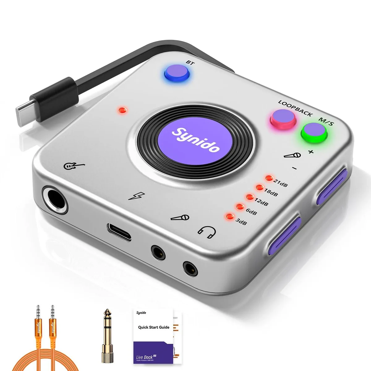 Compact USB-C audio adapter with instrument and headphone ports, lightweight grey finish