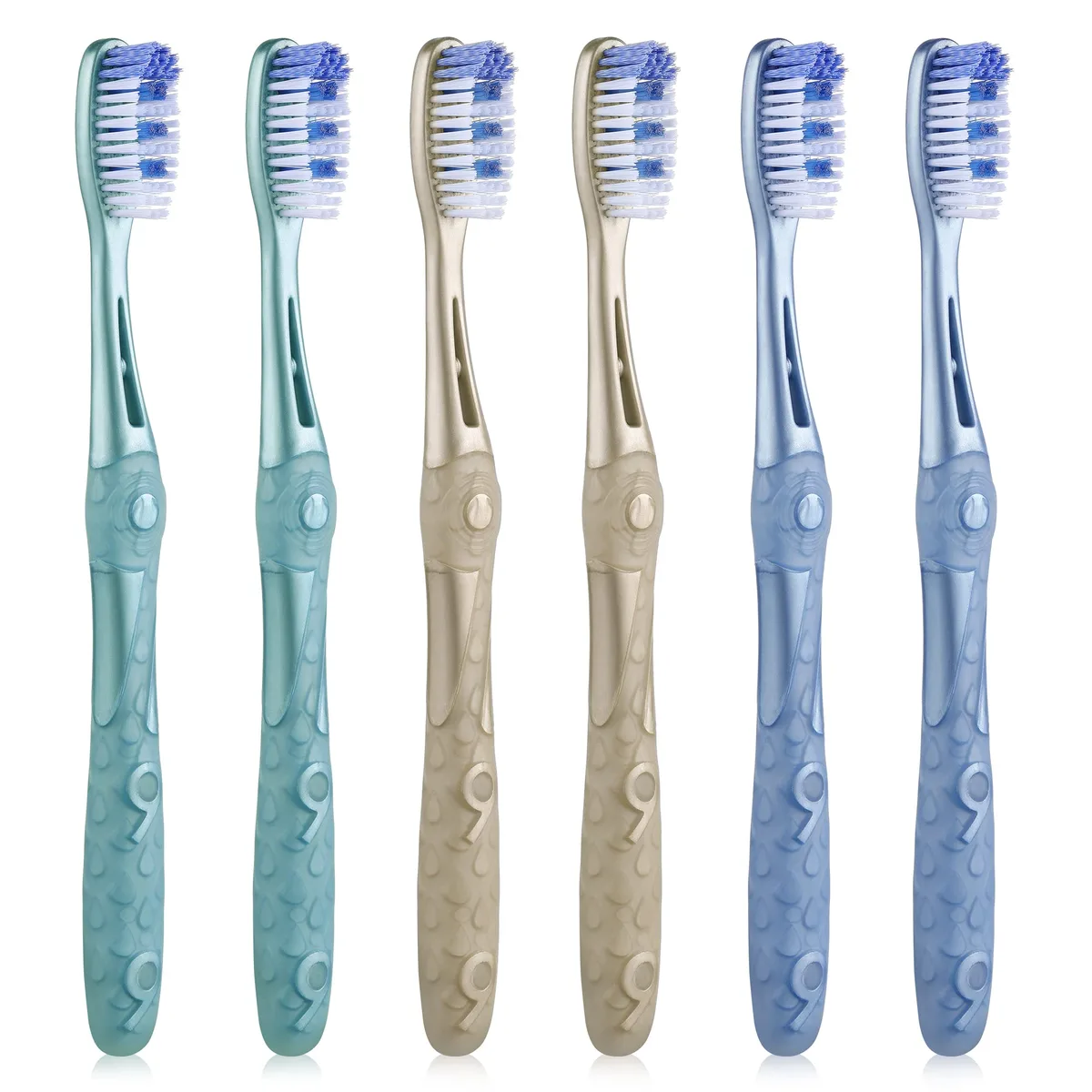 Six medium-bristle manual toothbrushes with ergonomic handles