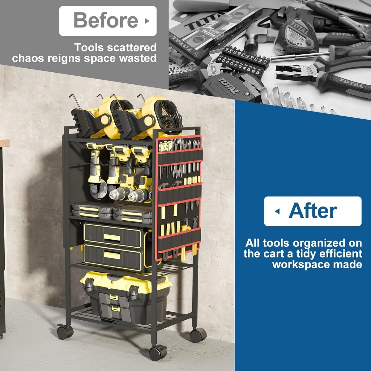 Five-tier metal tool cart on four 360-degree locking wheels, open shelves and side canvas bags, grey powder-coat finish