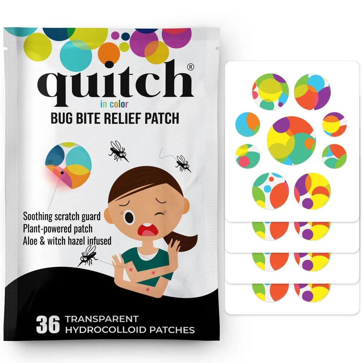 Blue hydrocolloid bug bite patches in a 36-count pack