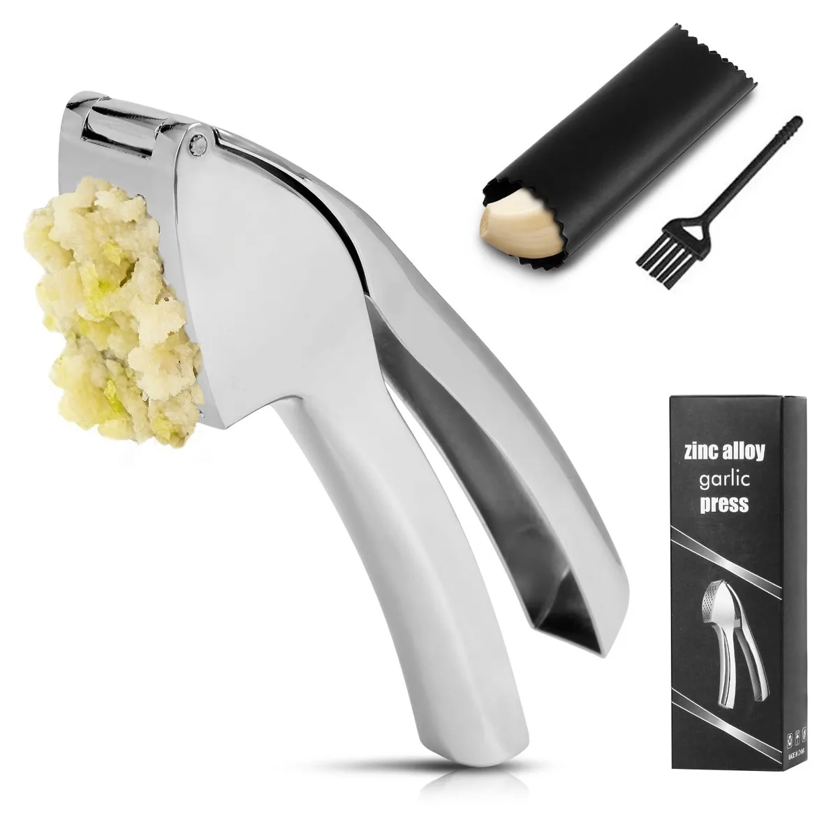 Silver chrome-plated zinc alloy garlic press with ergonomic handles