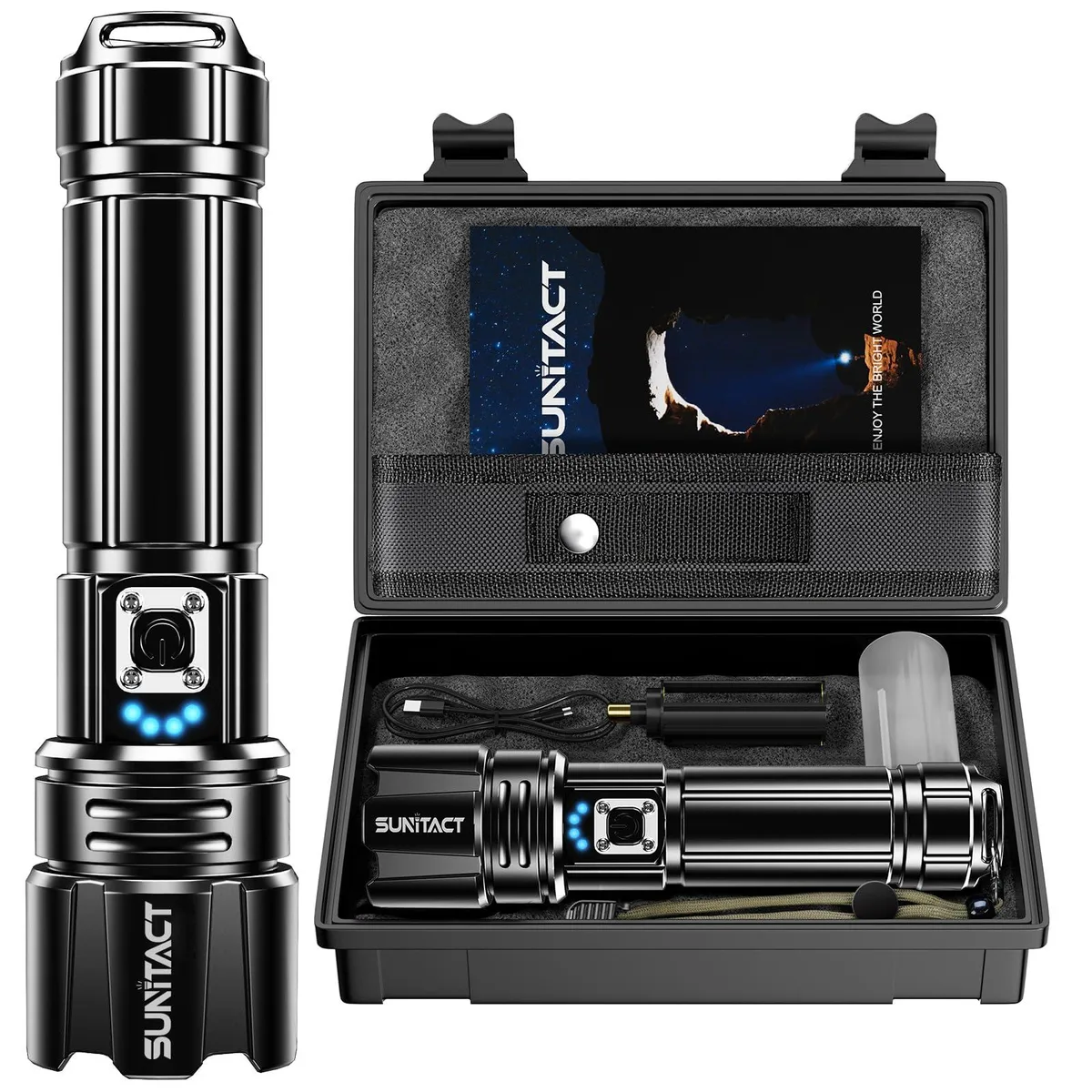 Blue cylindrical aluminium flashlight, 7.09 inches long, 1.06 pounds