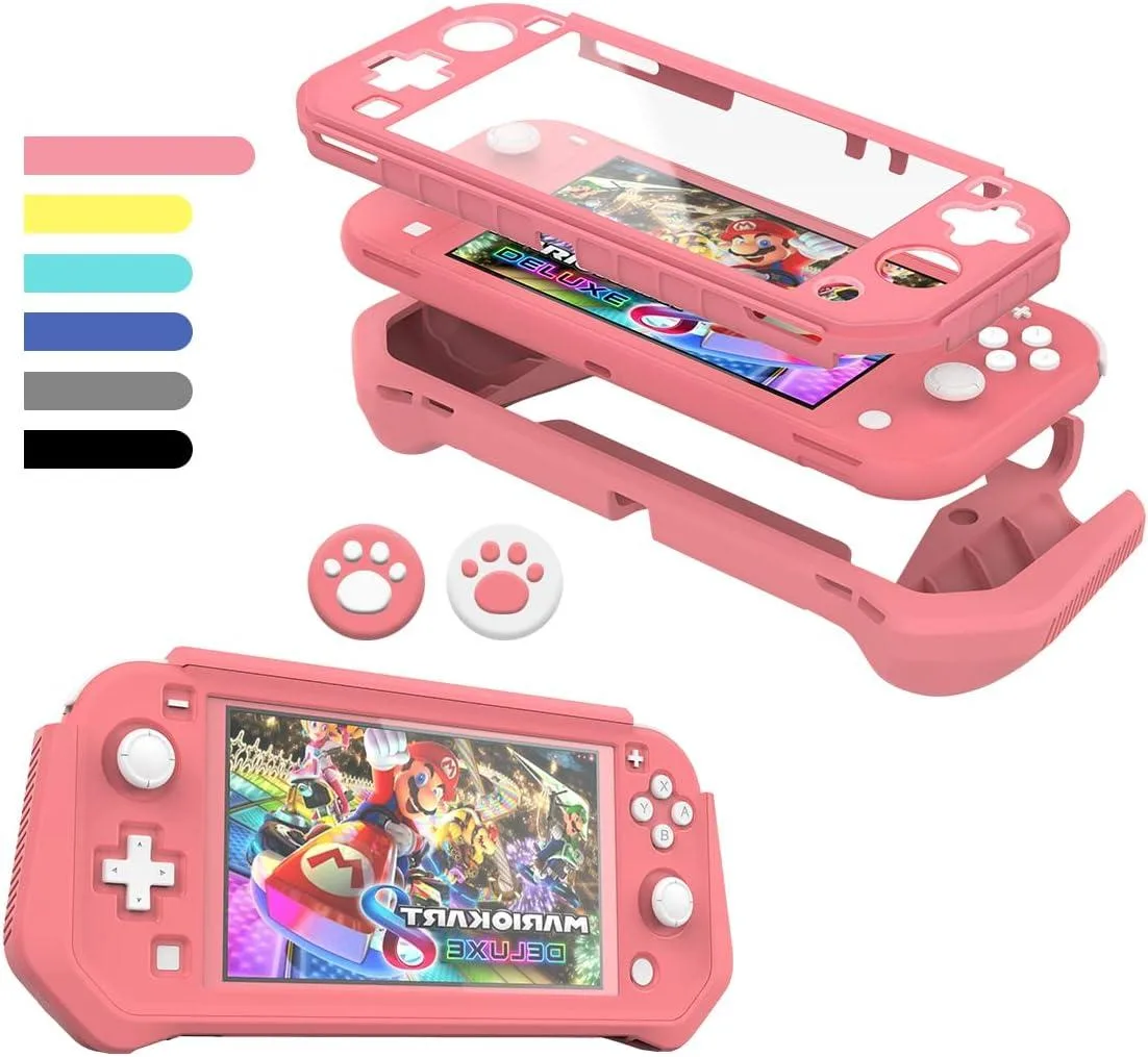 Pink protective grip case for Nintendo Switch Lite with built-in screen cover and thumb caps