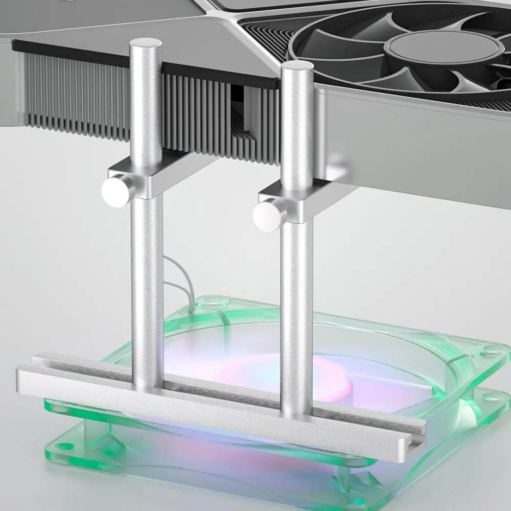 Silver anodised aluminium GPU support bracket with dual adjustable arms and non-slip rubber pads