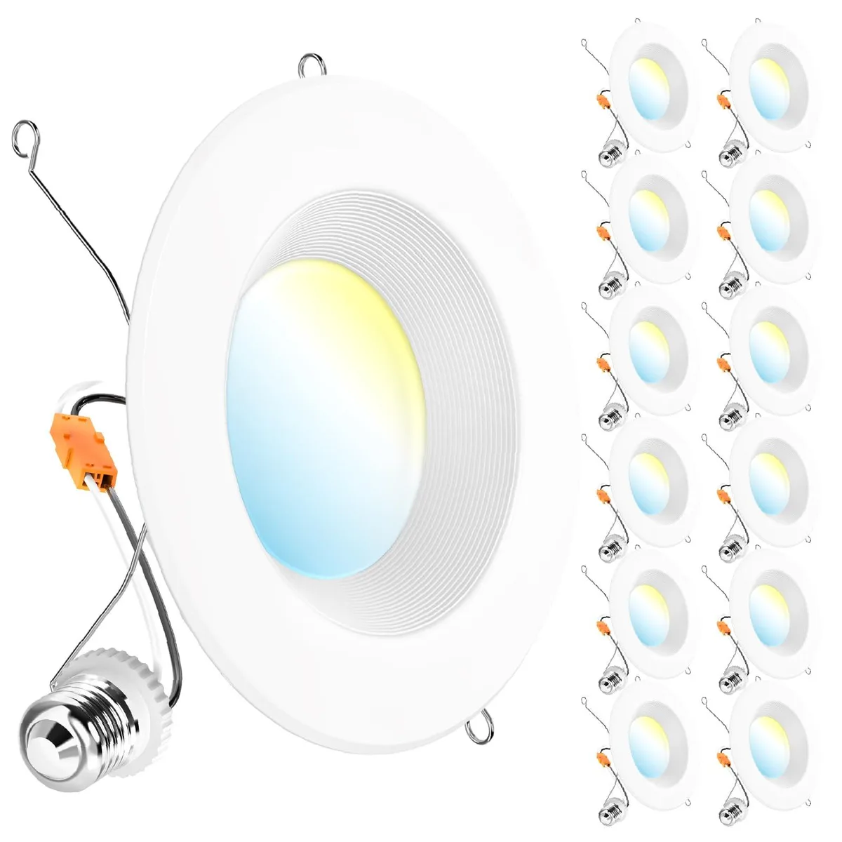 Twelve white baffle-trim LED downlights with clear prismatic lenses