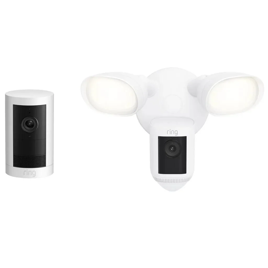 Ring Floodlight Cam Pro and Outdoor Cam Plus security cameras in white finish