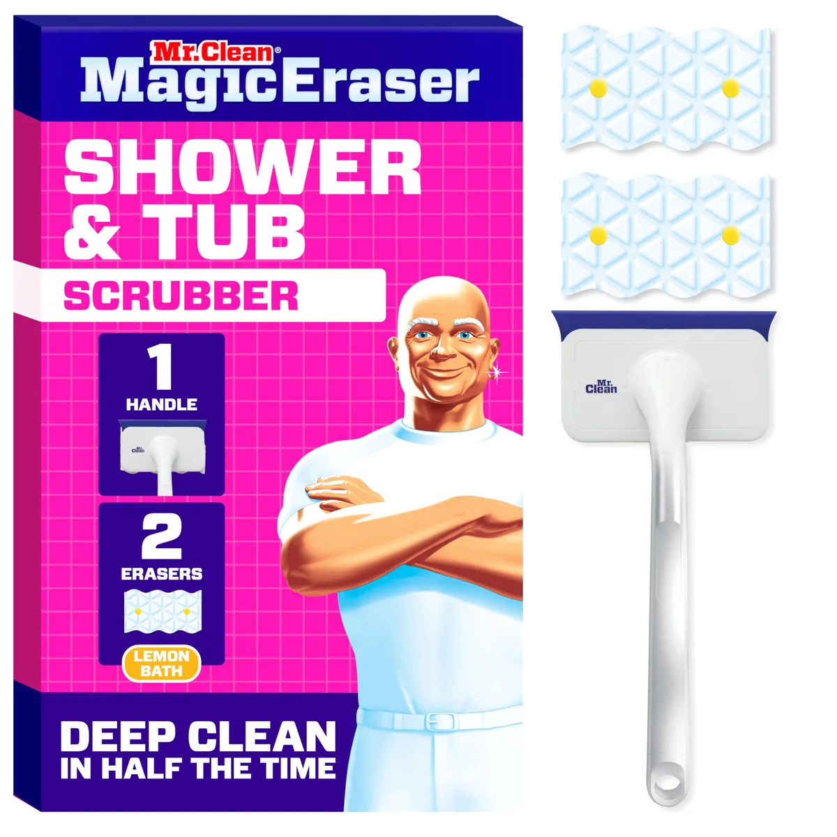 White handled scrubber with rotating head and two lemon foaming erasers