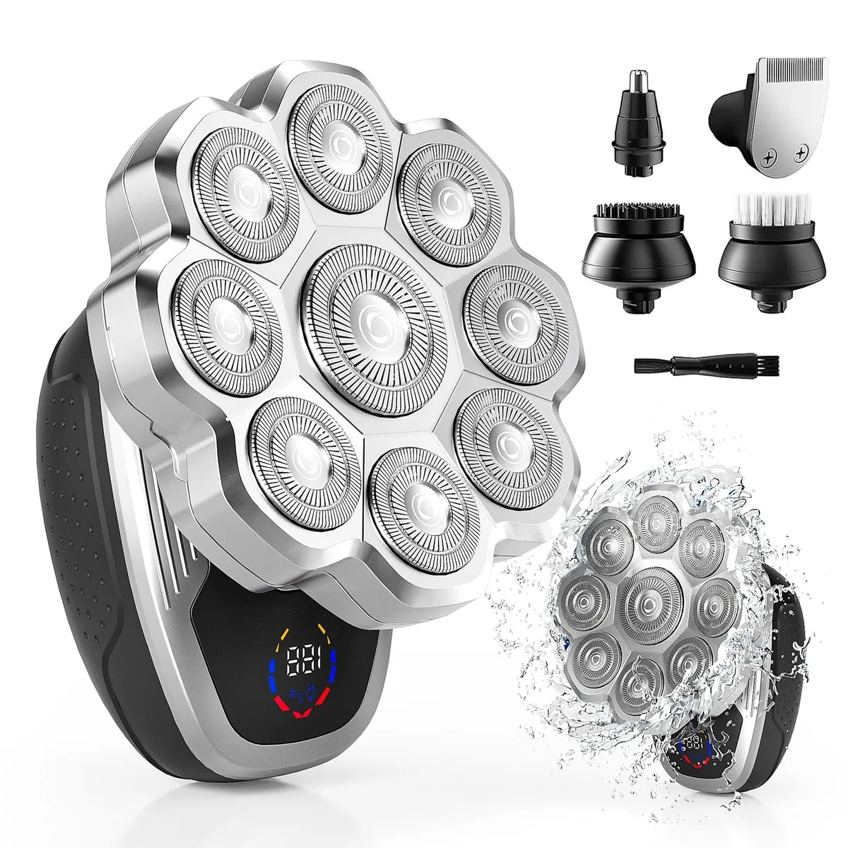 Black rotary shaver with nine floating heads and magnetic detachable blades