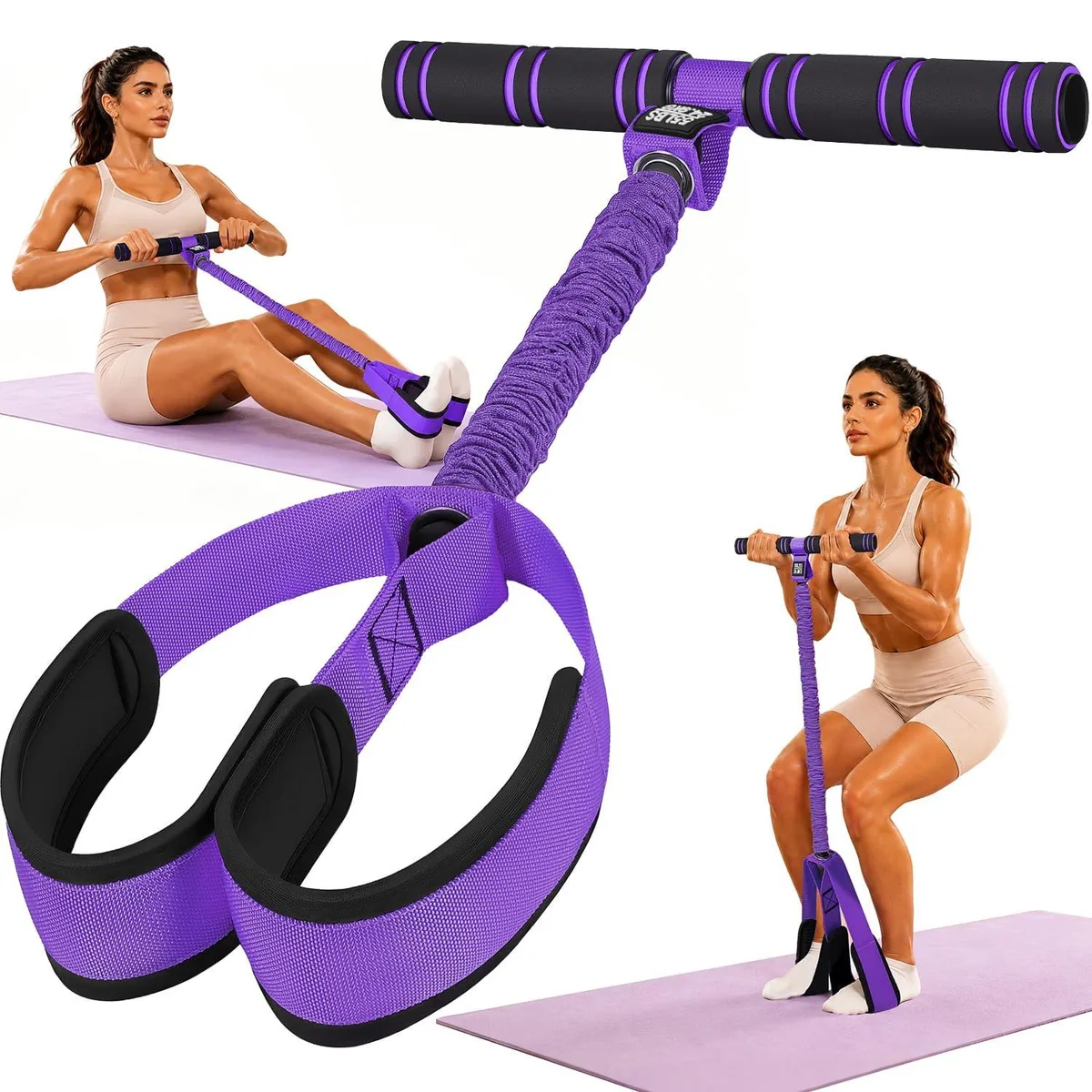Black pedal resistance band with foam foot pedals, nylon-sleeved latex tubes and NBR handles, 53 inch stretch