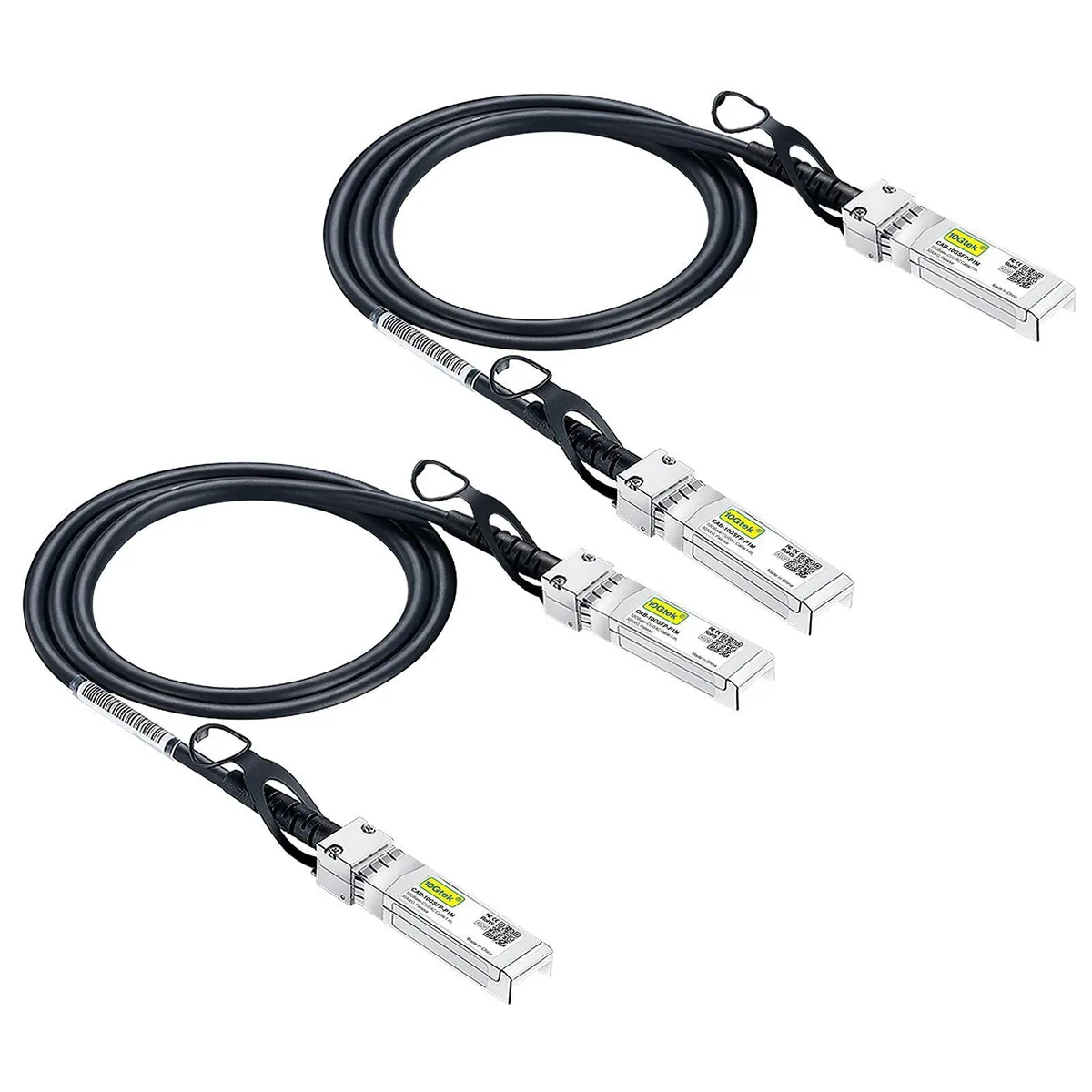 Two grey SFP+ direct-attach copper cables, 10 ft each, passive twinax finish