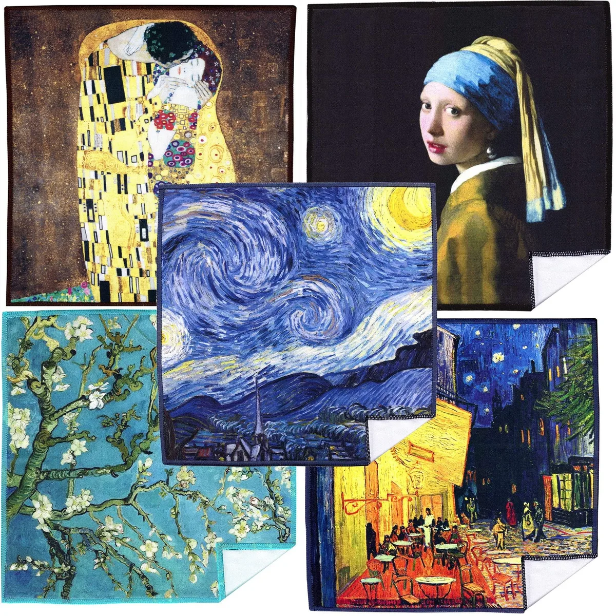 Five square microfibre cloths printed with classic artworks, each in a paper sleeve