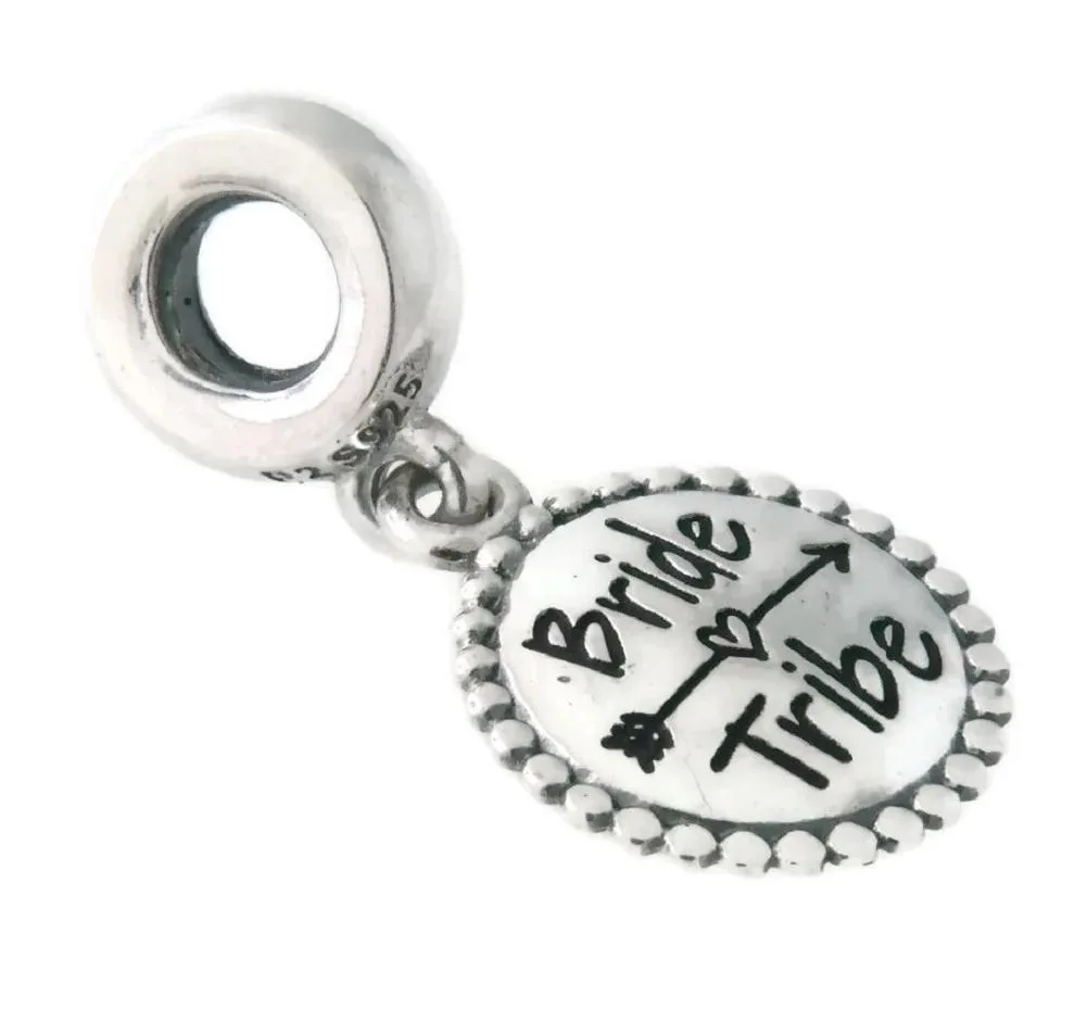 Sterling silver dangle charm engraved with Bride Tribe on a bracelet