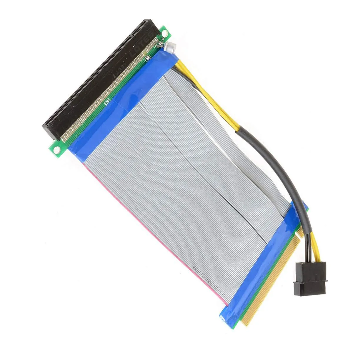 Green PCB riser card with 16X slot, 20cm ribbon cable and Molex power connector