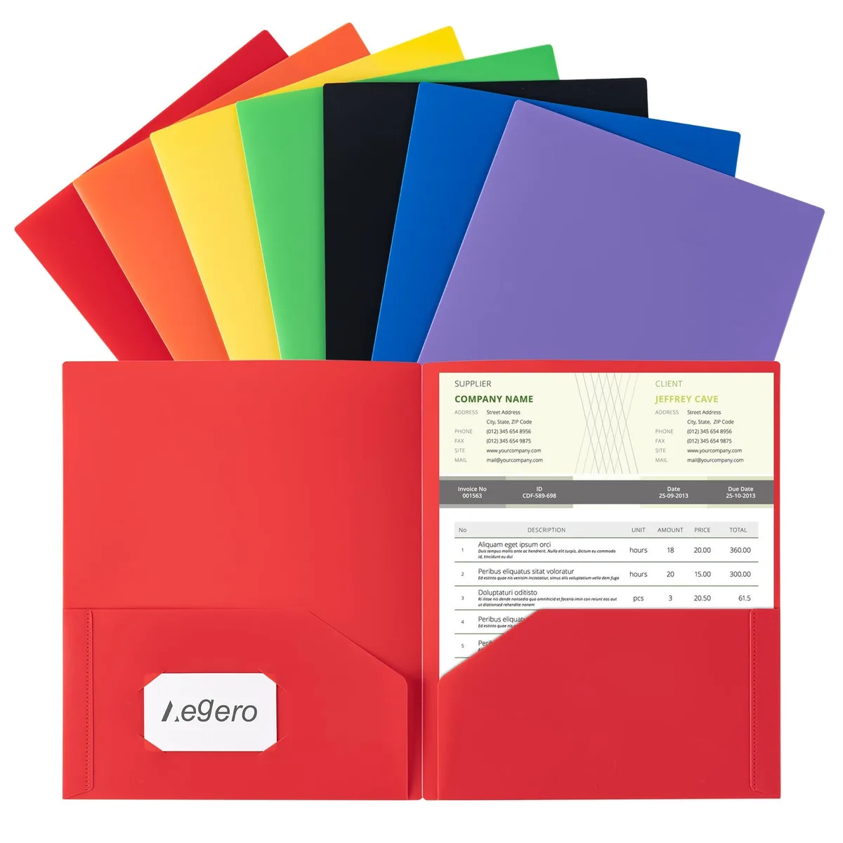 Seven rainbow-coloured plastic folders with two pockets each, letter size