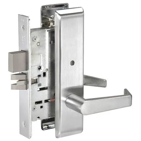 Satin chrome Augusta lever lockset with escutcheon plate