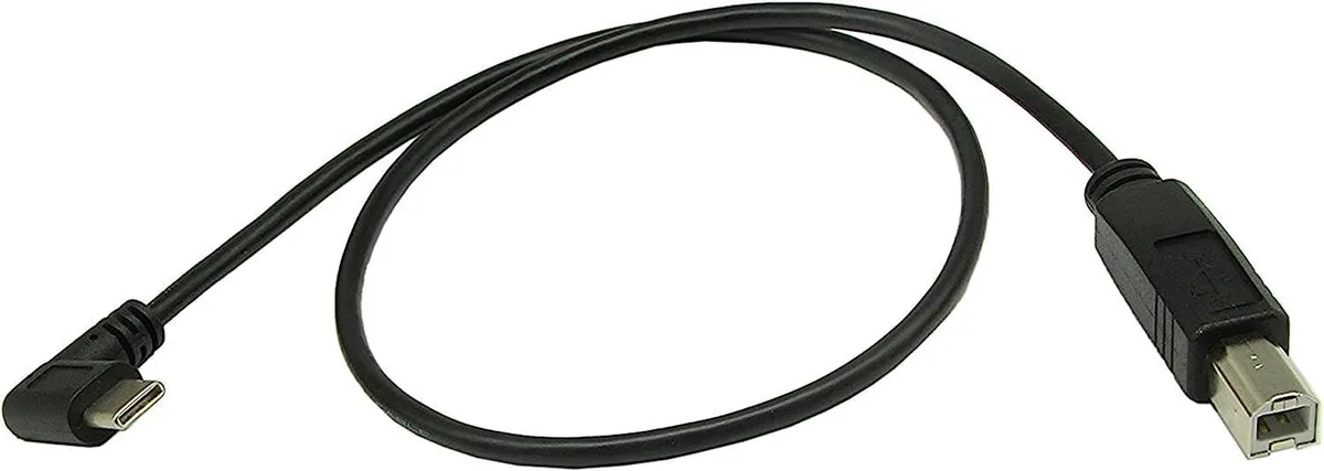 Black 18-inch USB-C to USB-B printer cable with 90-degree right-angle connector