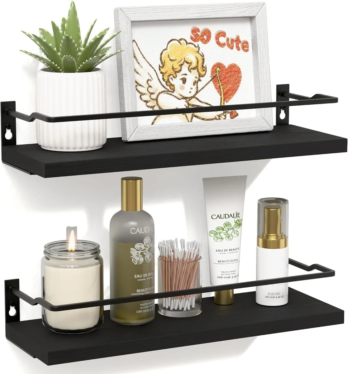 Two black floating wood shelves with guard rails, wall mounted