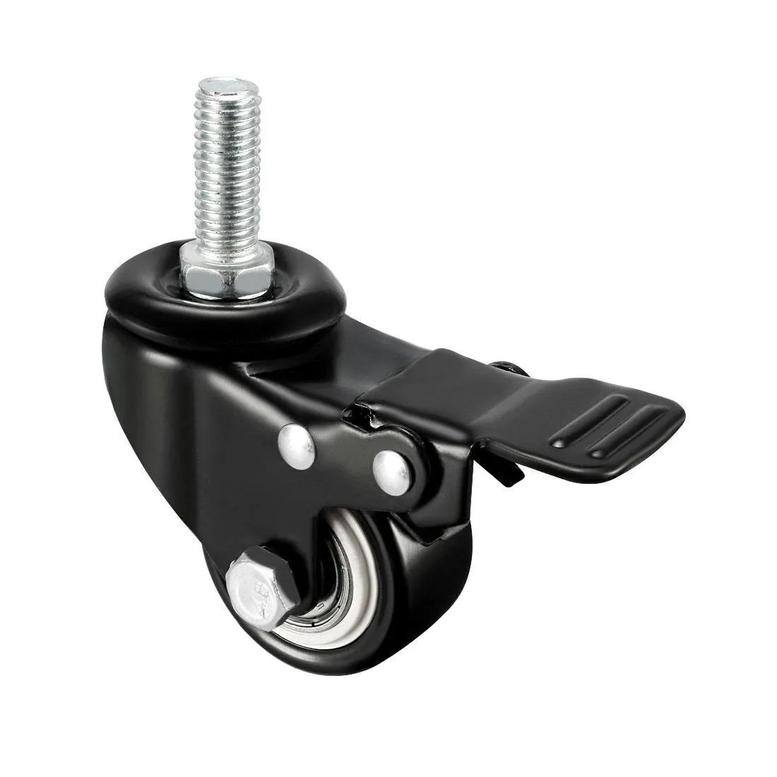 Four black 50mm polyurethane swivel casters with threaded stems and brakes