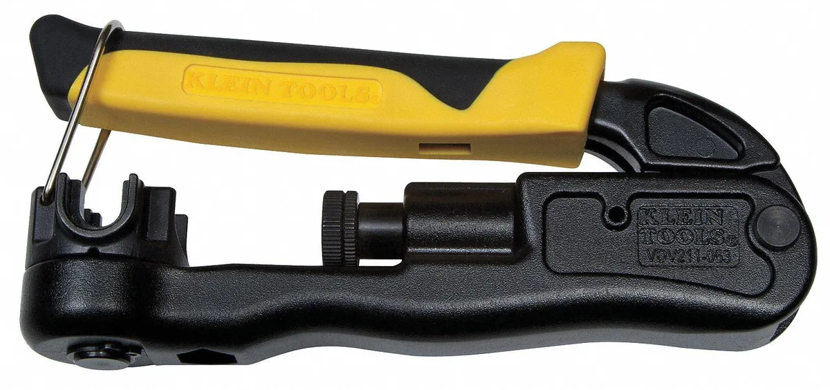 Yellow and black multi-connector compression crimper with contoured grip