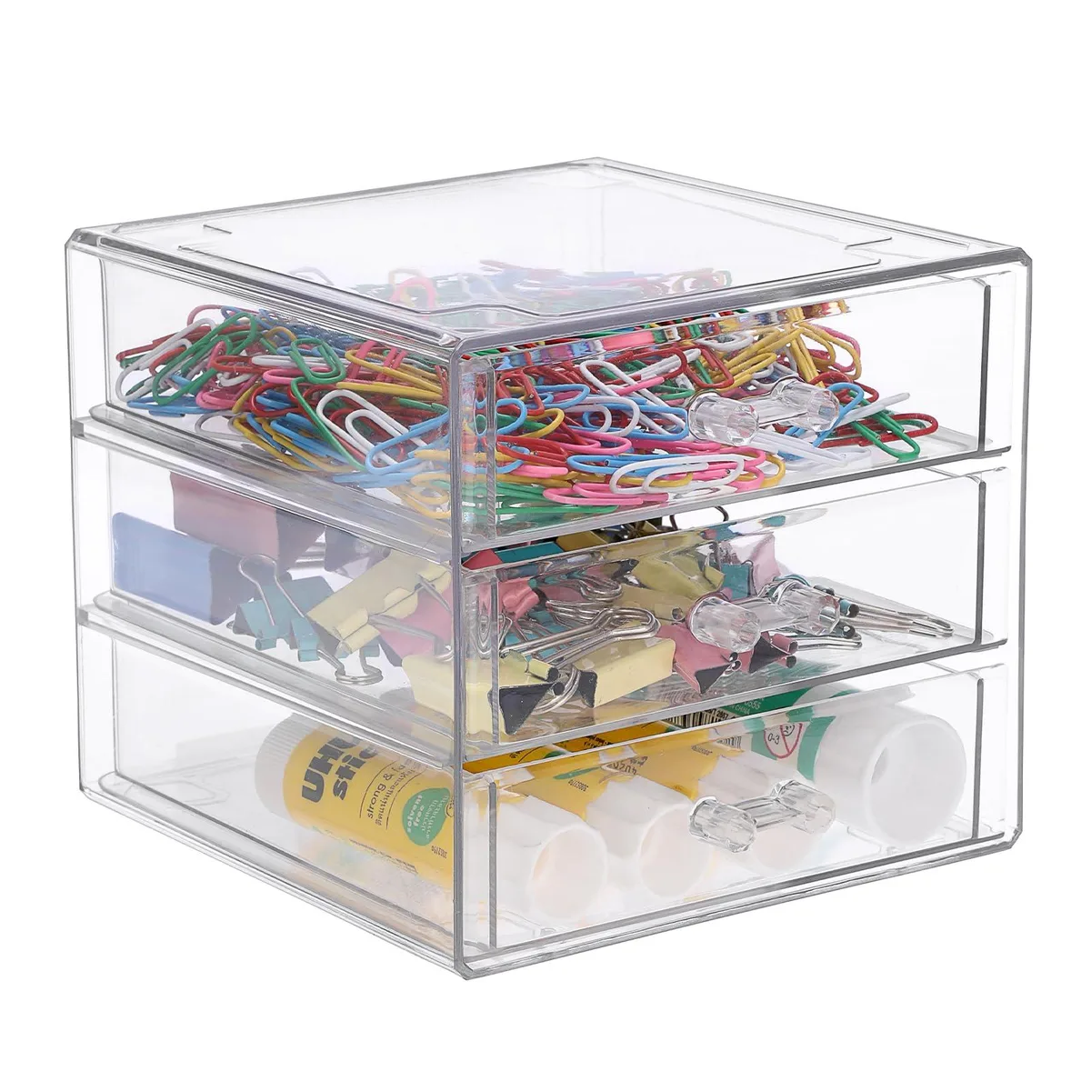 Three-layer black acrylic desktop organiser with transparent drawers, 7.68 by 5.51 by 6.69 inches