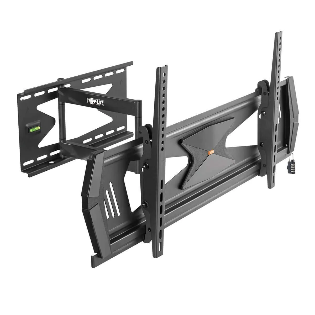 Black steel full-motion TV wall mount with combination lock and cable openings