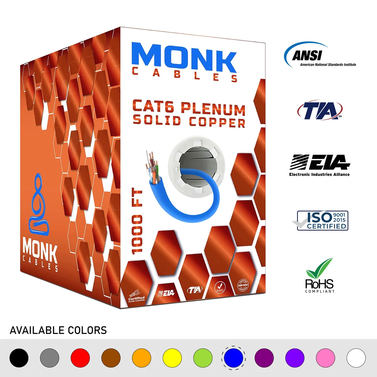 Monk Cables Monk Cables MC-C6-BC-BL Cat 6 Plenum 1000ft 23AWG 550MHz Blue — product photo
