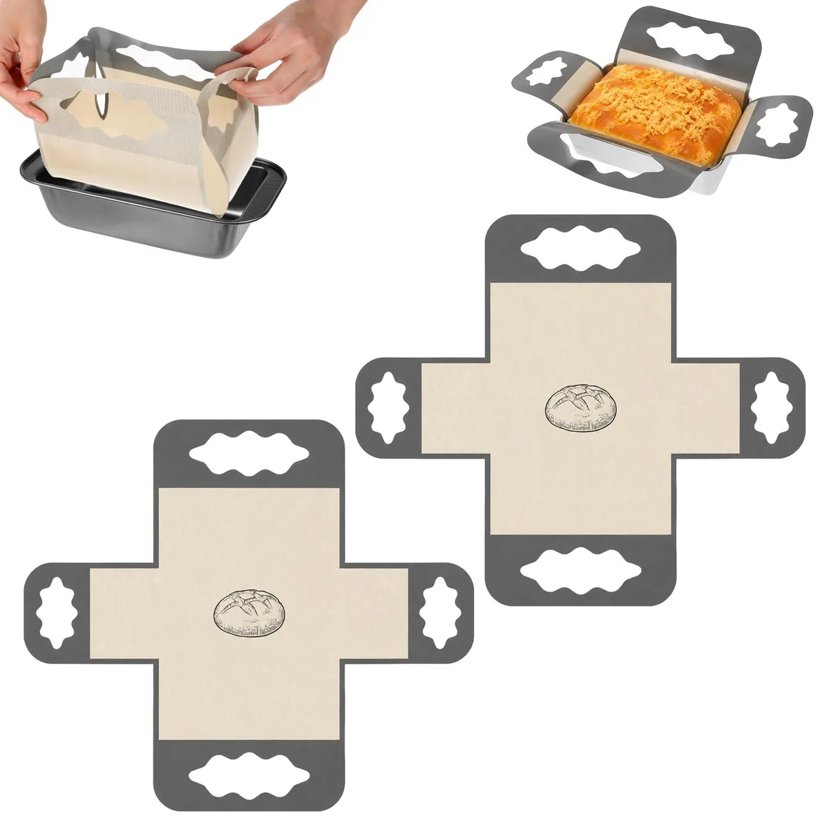 Two rectangular grey and beige silicone liners with four handles each
