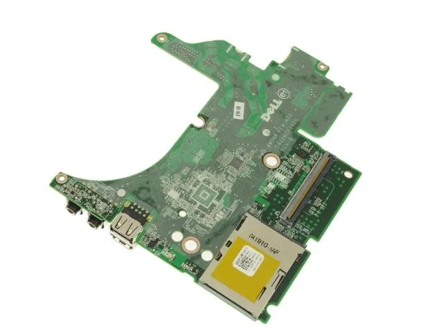 Green circuit board with silver USB ports and audio jacks