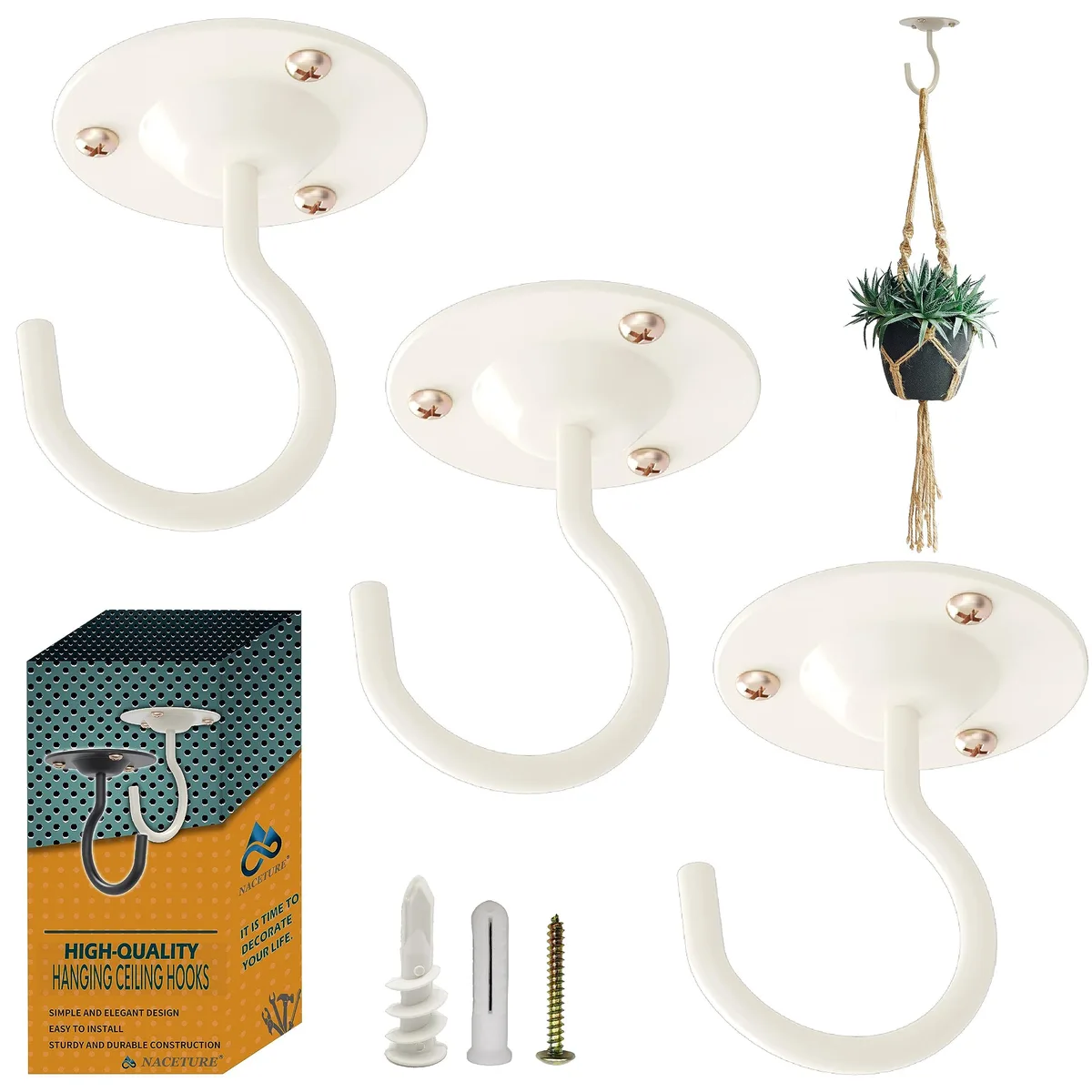 Three white coated steel ceiling hooks with screw threads and fluffy buttons