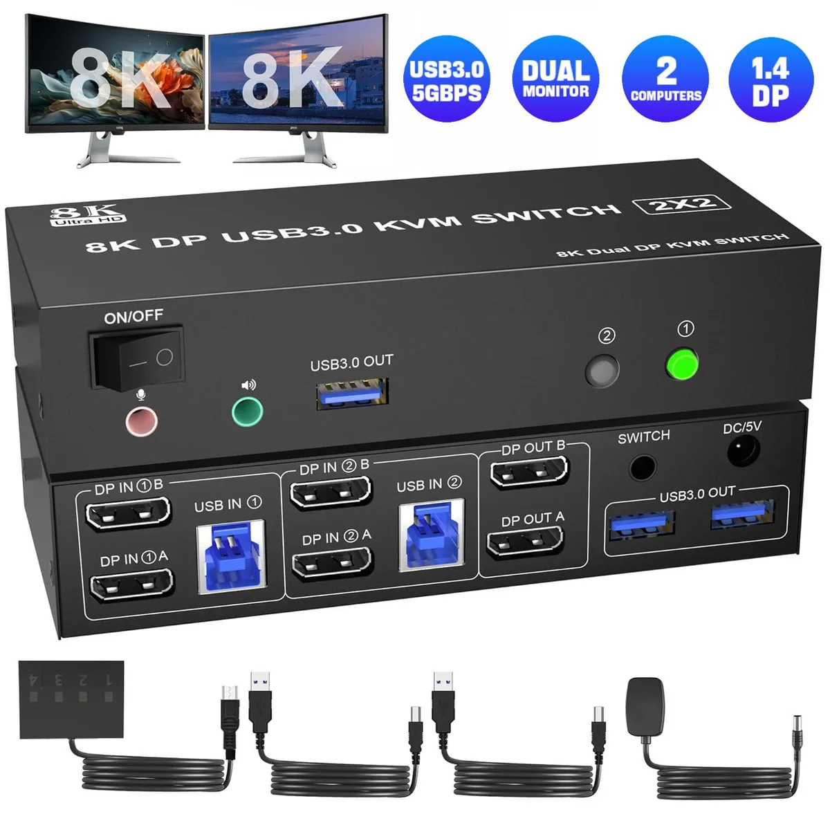 Hitoor Hitoor 8K@60Hz 4K@144Hz Dual Monitor DP KVM Switch 2 PC 2 Monitor — product photo