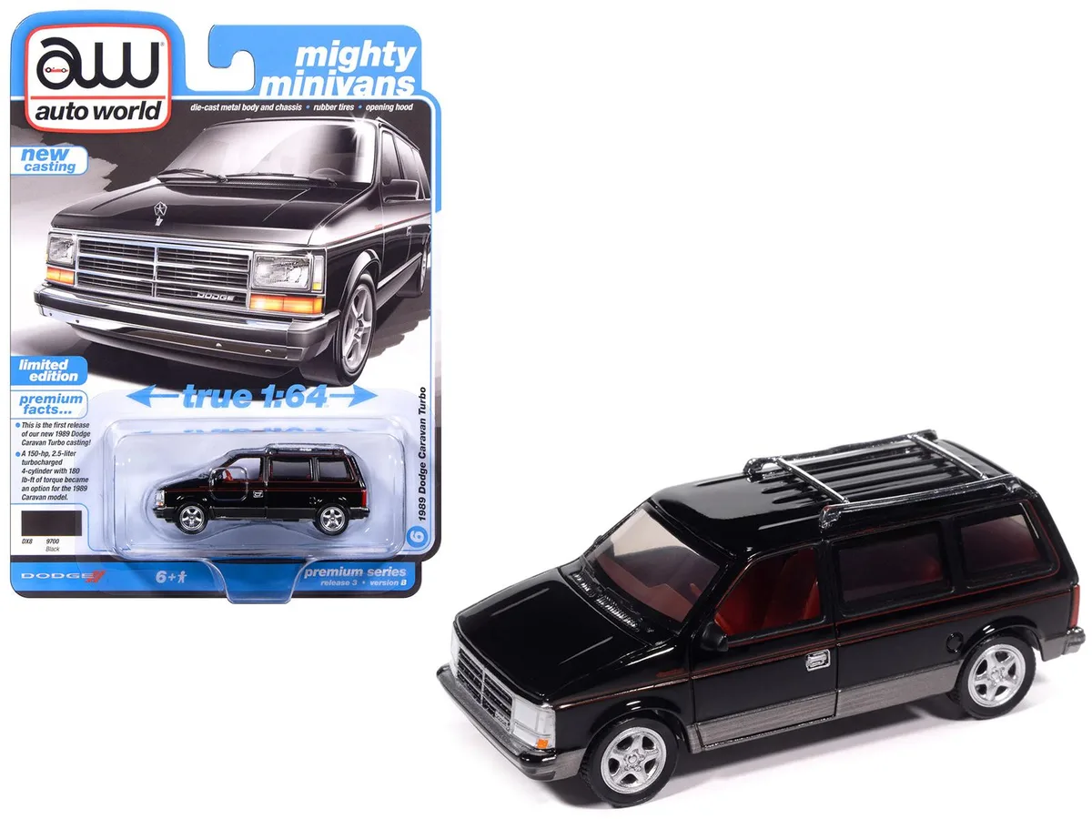 auto world Auto World 1989 Dodge Caravan Turbo Van Black Red Stripes 1/64 Diecast Hobby Collectible — product photo