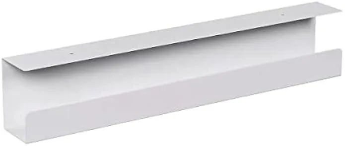 White powder-coated steel cable tray with integrated power supply, mounted under desk