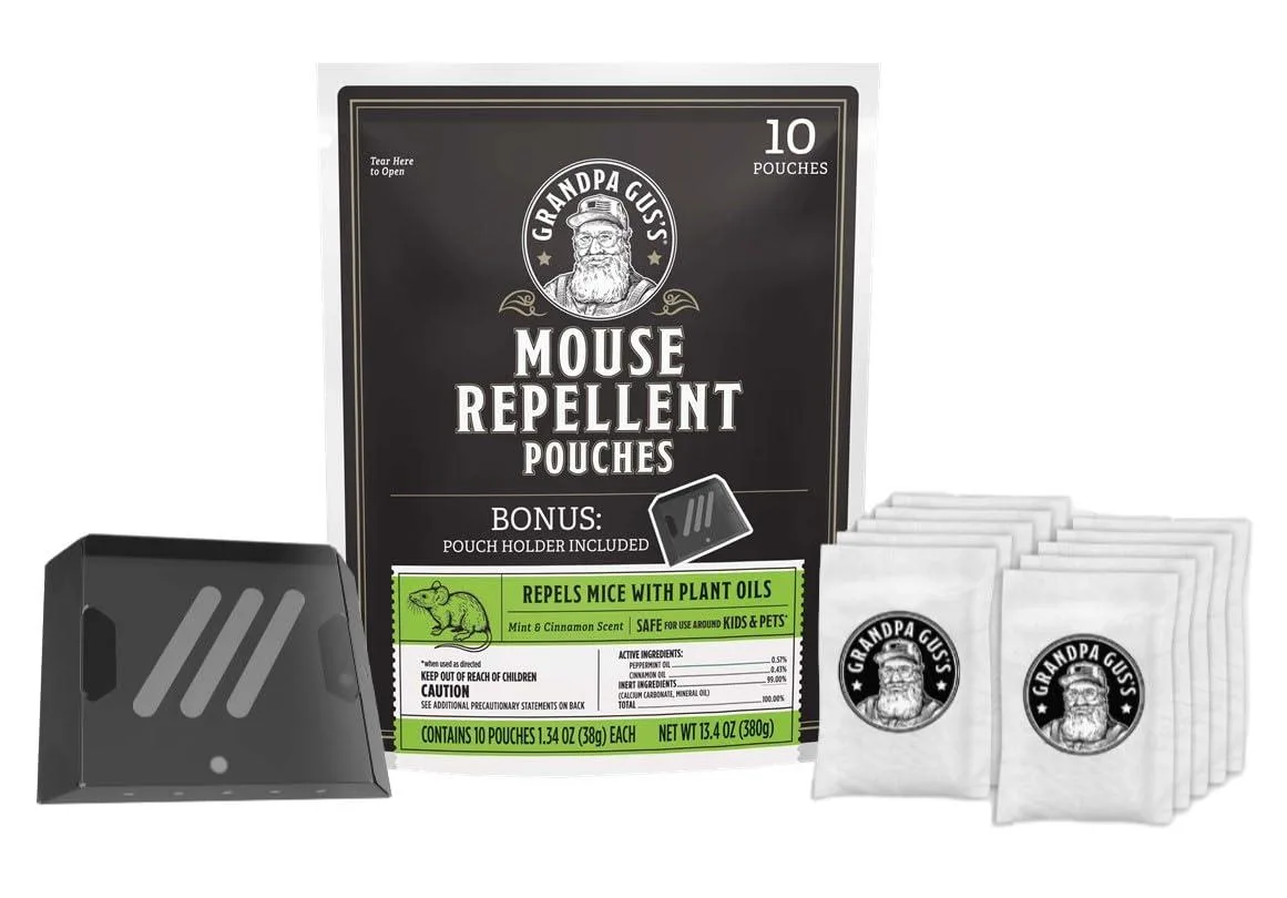 Ten natural repellent pouches with plastic holders in a box