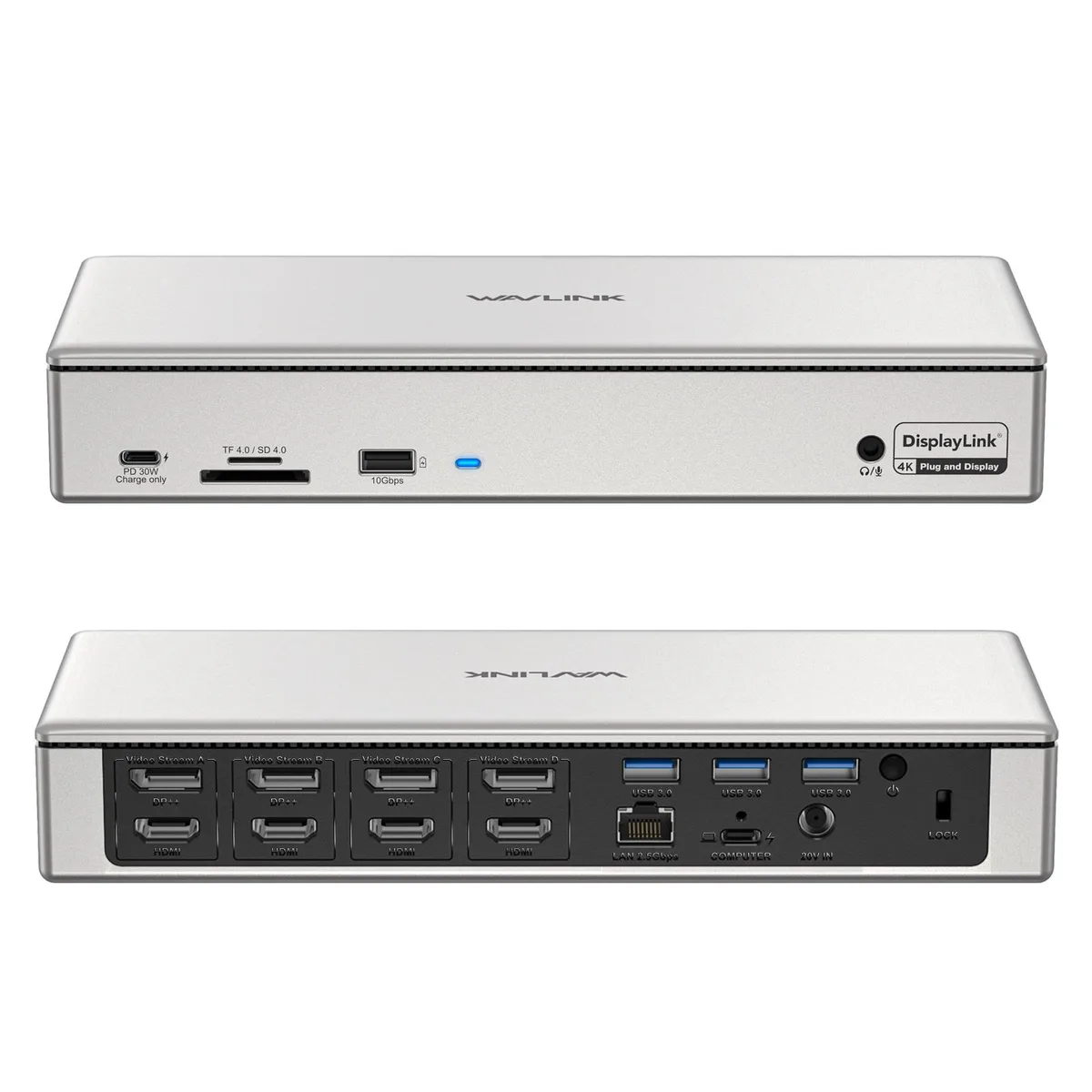 Wavlink Wavlink WL-UG69PD12 docking station quad 4K 60Hz 4 HDMI 4 DP 2.5G RJ45 180W power 10Gbps data — product photo