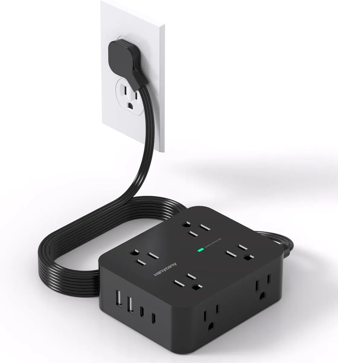 PISKEKAT PISKEKAT 12-in-1 Surge Protector 5ft 8AC 4USB 2USB-C 1080J Black — product photo