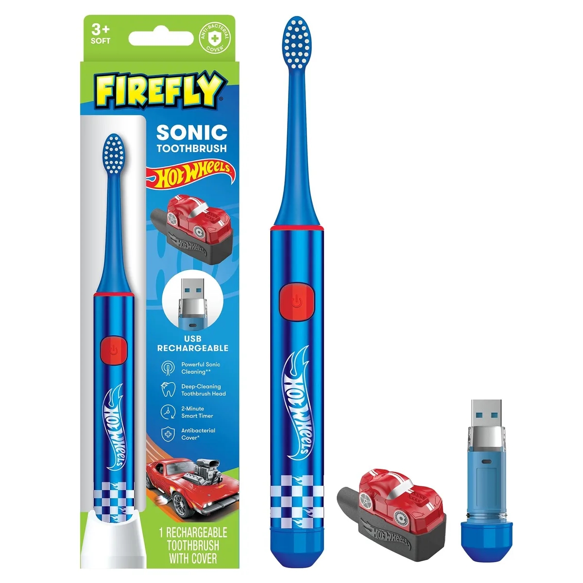 Hot Wheels-themed sonic toothbrush with USB charger and antibacterial cover