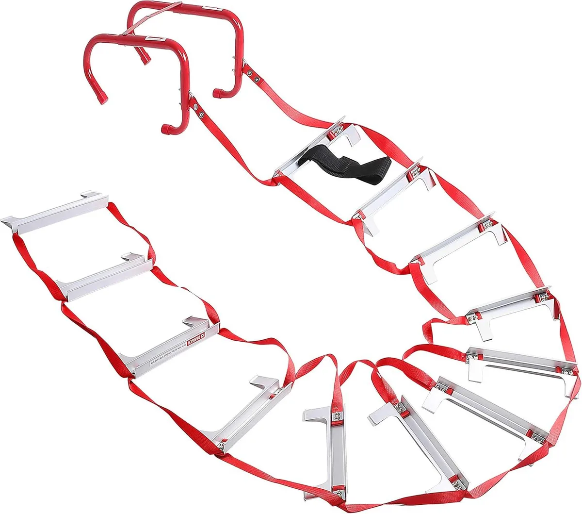 Compact folded aluminium escape ladder with steel V-hook and anti-slip rungs