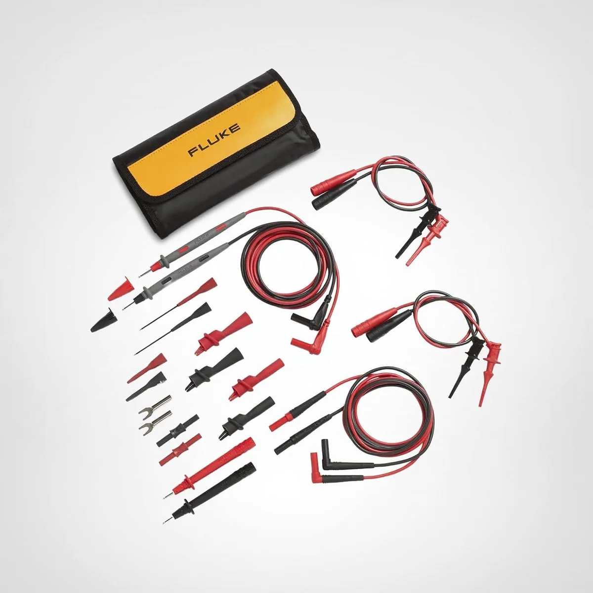 Fluke TL81A test lead kit with three colour-coded leads, low-leakage probes and alligator clips up to 26mm jaw opening