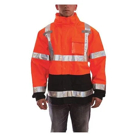 Orange high-visibility rain jacket with packable hood, zipper storm flap, multiple pockets, polyester fabric